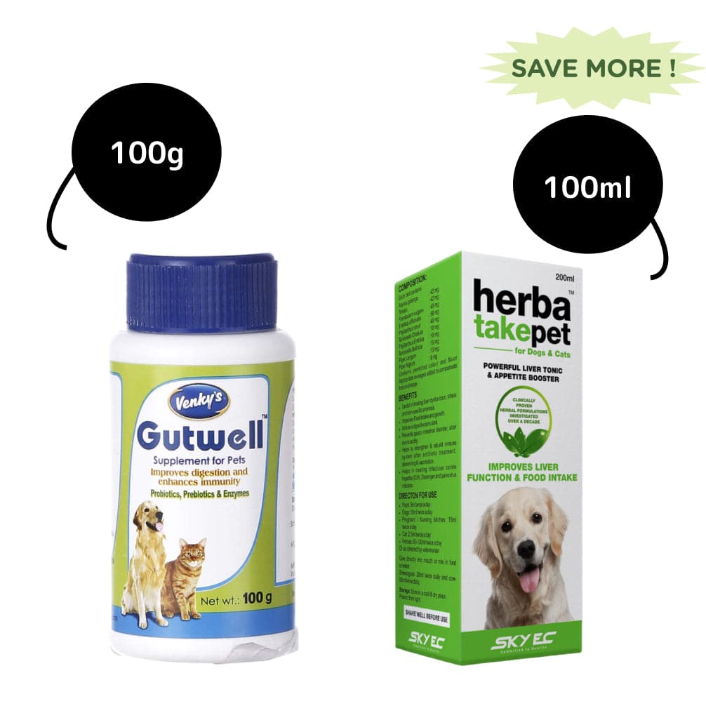 Gutwell Probiotic Powder (100g) & Herbatake Pet Liver Tonic (100ml) Combo for Dogs & Cats