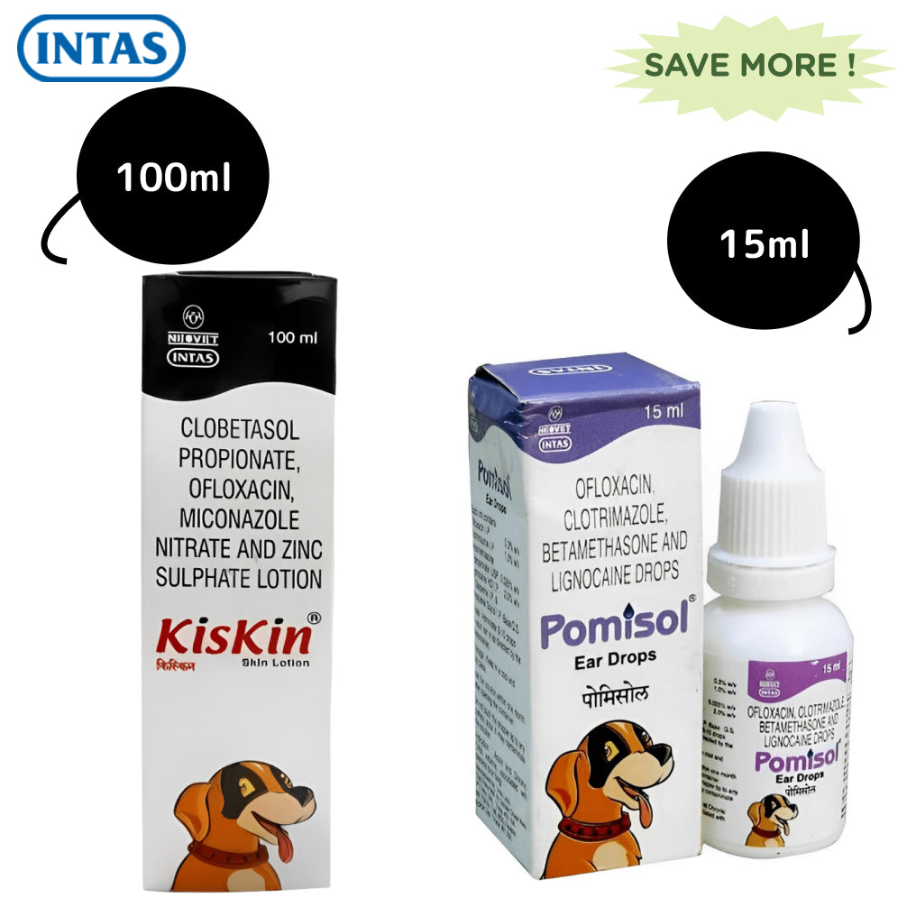 Intas Pomisol Ear Drops (15ml) and Kiskin Lotion (100ml) for Dogs & Cats Combo