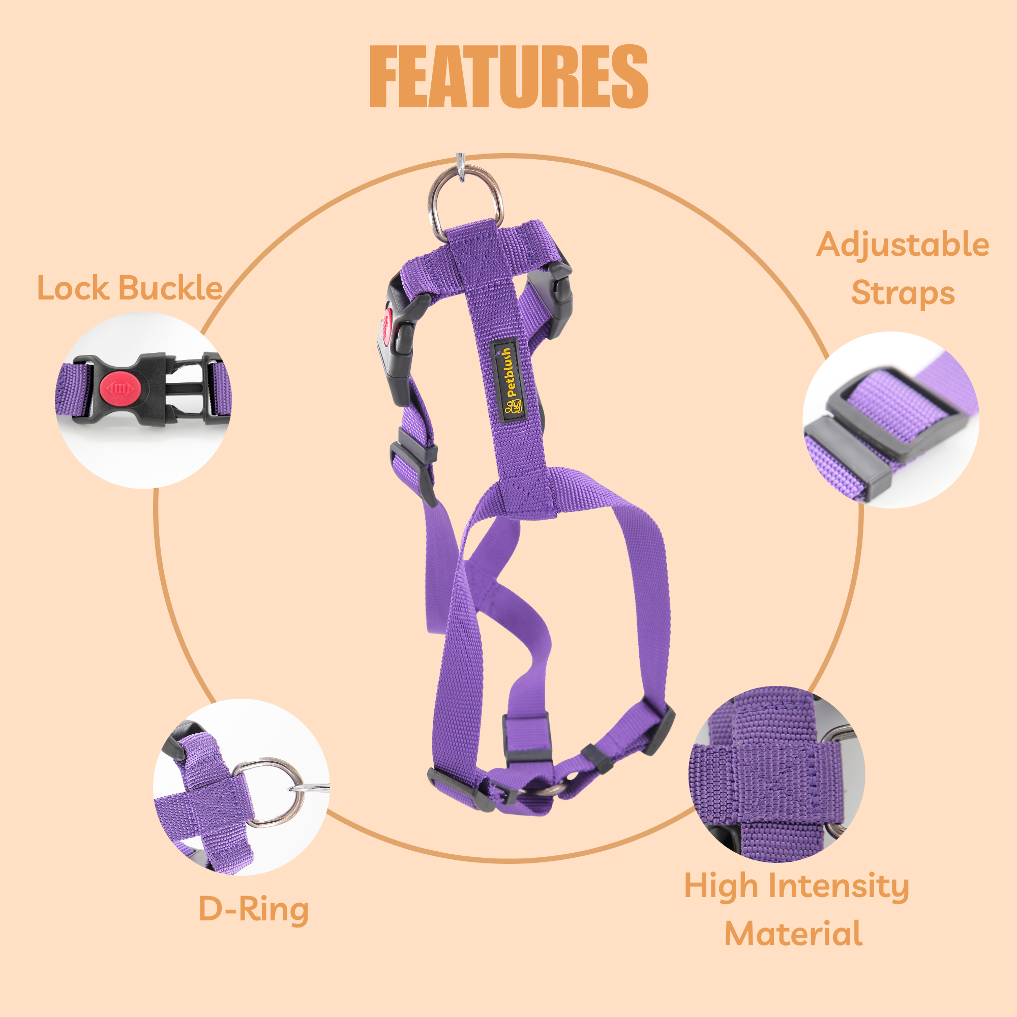 Petblush Premium Solid H Harness with Lock Buckle