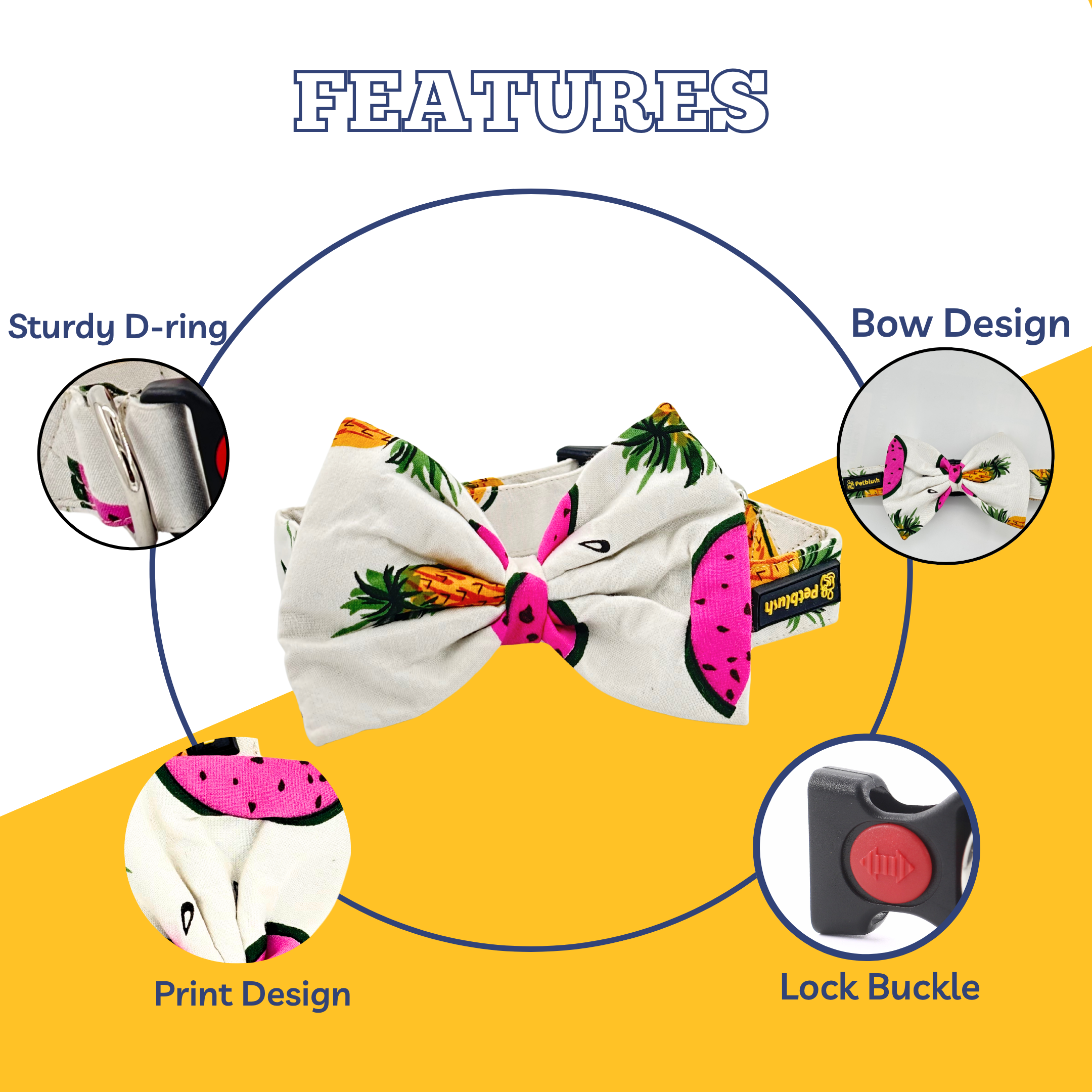 Petblush Watermelon And Pineapple Print Bow Collars For Dogs