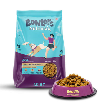 Bowlers Nutrimax Adult Dry Dog Food | Chicken & Vegetables | 3 kg Protein | Complete & Balanced Nutrition | Enriched with Essential Amino Acids