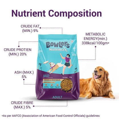 Bowlers Nutrimax Adult Dry Dog Food | Chicken & Vegetables | 3 kg Protein | Complete & Balanced Nutrition | Enriched with Essential Amino Acids