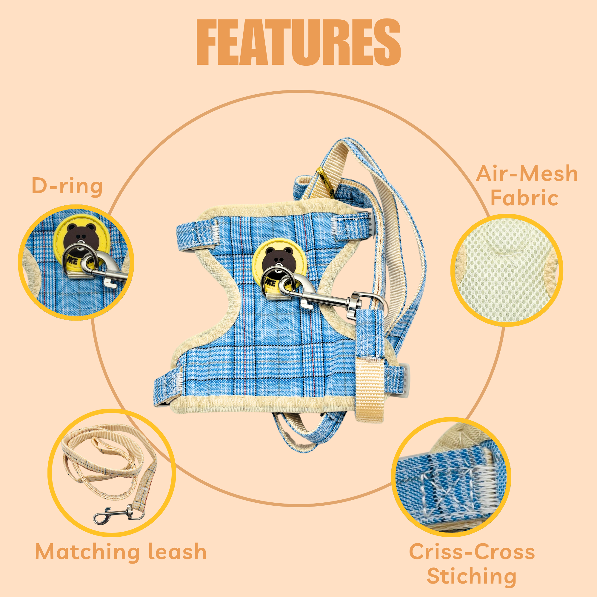 Petblush Classic Imported Chest Harness & Leash set for Cats and Puppies