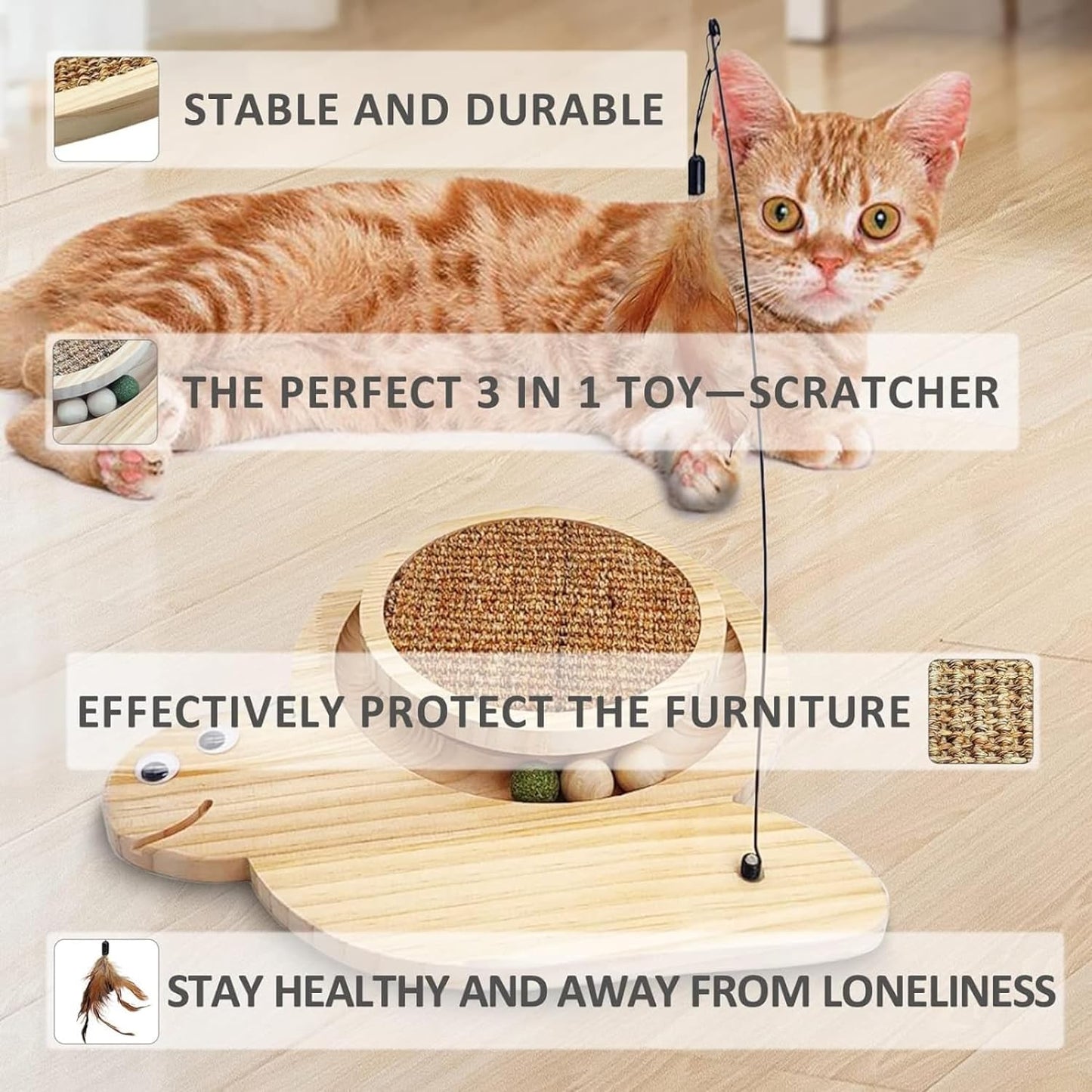 Natural Sisal Cat Scratching Board Toy with Catnip Ball and Toy Roller