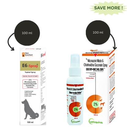 Neo Kumfurt E6 Spray for Dogs (100ml) And Vetoquinol Dermichlor Antibacterial Antifungal Spray (100ml) Combo