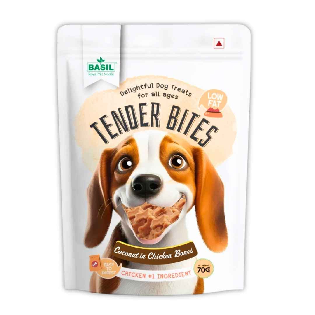 BASIL TENDER BITES Coconut in Chicken Bones – Premium Dog Treat | 70g Pack | High Protein, Calcium-Rich, Gluten-Free Chew Snack for All Breeds