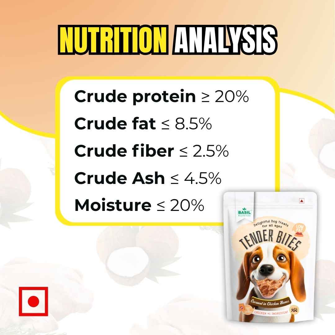 BASIL TENDER BITES Coconut in Chicken Bones – Premium Dog Treat | 70g Pack | High Protein, Calcium-Rich, Gluten-Free Chew Snack for All Breeds