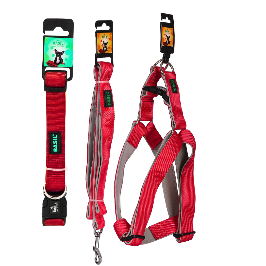 Basil Padded Leash, Collar, and Harness Set for Dogs – Comfortable & Durable Walk Essential, Solid Red