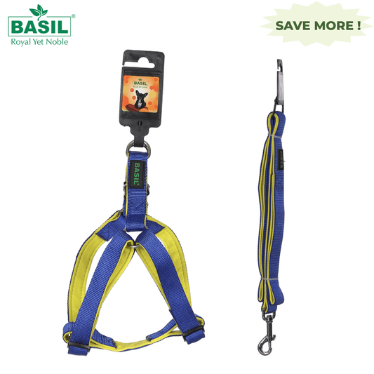 Basil Nylon Padded Adjustable Harness and Leash for Dogs Combo (Blue)