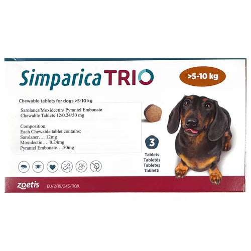 Zoetis Simparica Trio (Sarolaner) Tick and Flea Control Tablet for Dogs (pack of 3 tablets)