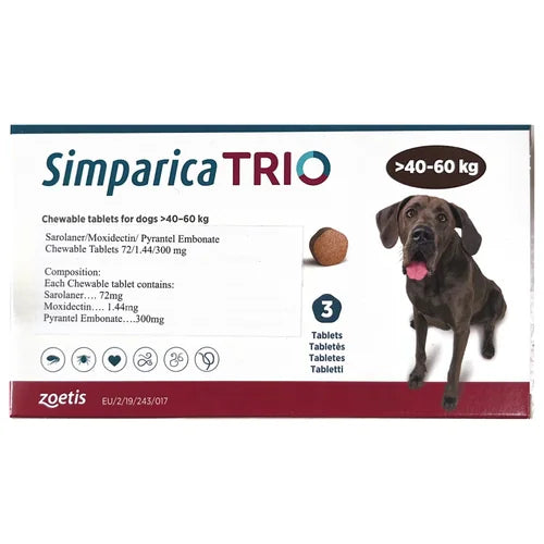 Zoetis Simparica Trio (Sarolaner) Tick and Flea Control Tablet for Dogs (pack of 3 tablets)