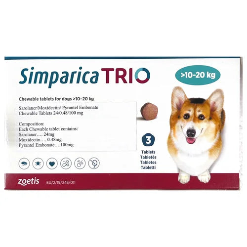 Zoetis Simparica Trio (Sarolaner) Tick and Flea Control Tablet for Dogs (pack of 3 tablets)