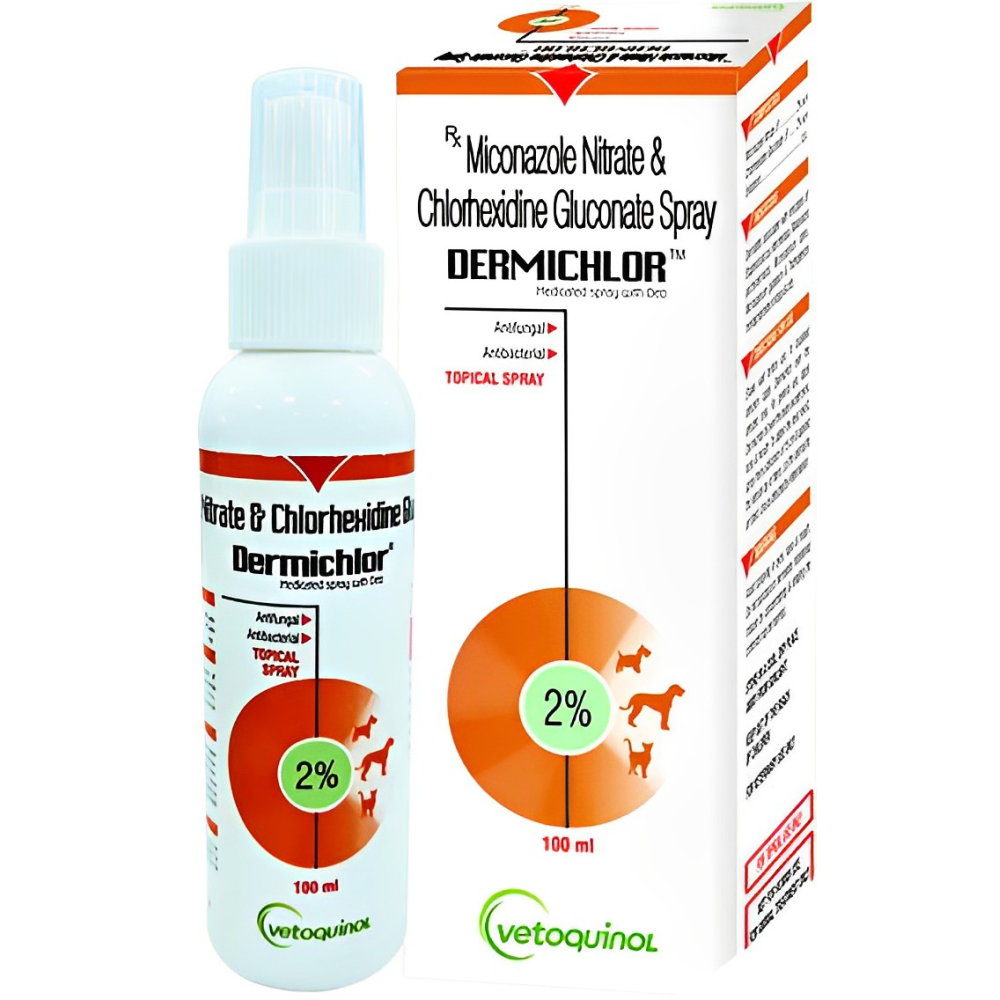 Vetoquinol Dermichlor Antibacterial Antifungal Spray (100ml) for Dogs and Cats