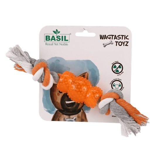 Basil Cotton Rope Rubber Chew Toy with Hard TPR Centre for Dogs (Orange)