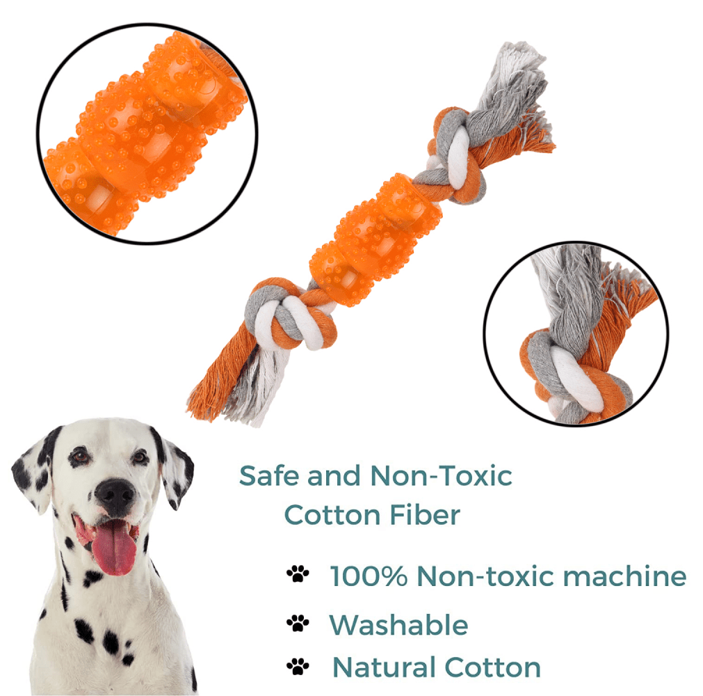 Basil Cotton Rope Rubber Chew Toy with Hard TPR Centre for Dogs (Orange)