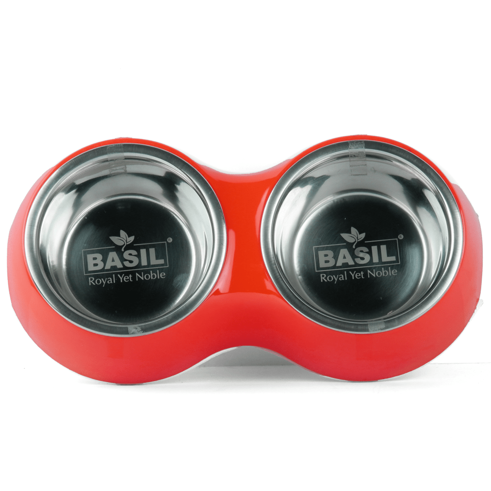 Basil Double Melamine Bowl Dinner Set for Dogs and Cats (Red)