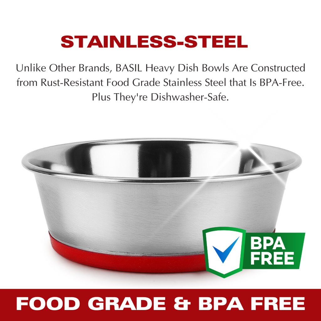 BASIL Heavy Dish Anti-Skid Steel Pet Feeding Bowls with Silicon Bottom