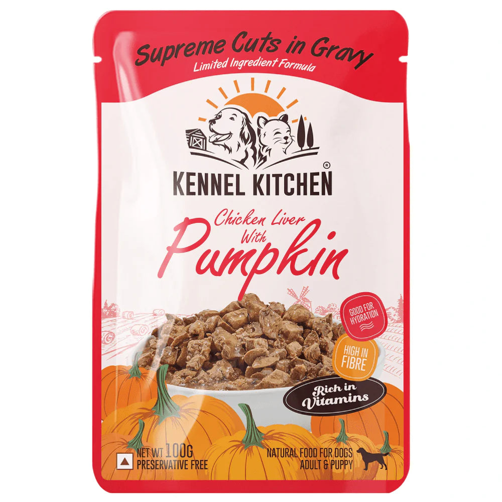 Kennel Kitchen Supreme Cuts in Gravy Chicken Liver Recipe with Pumpkin Dog Wet Food for Adults & Puppies
