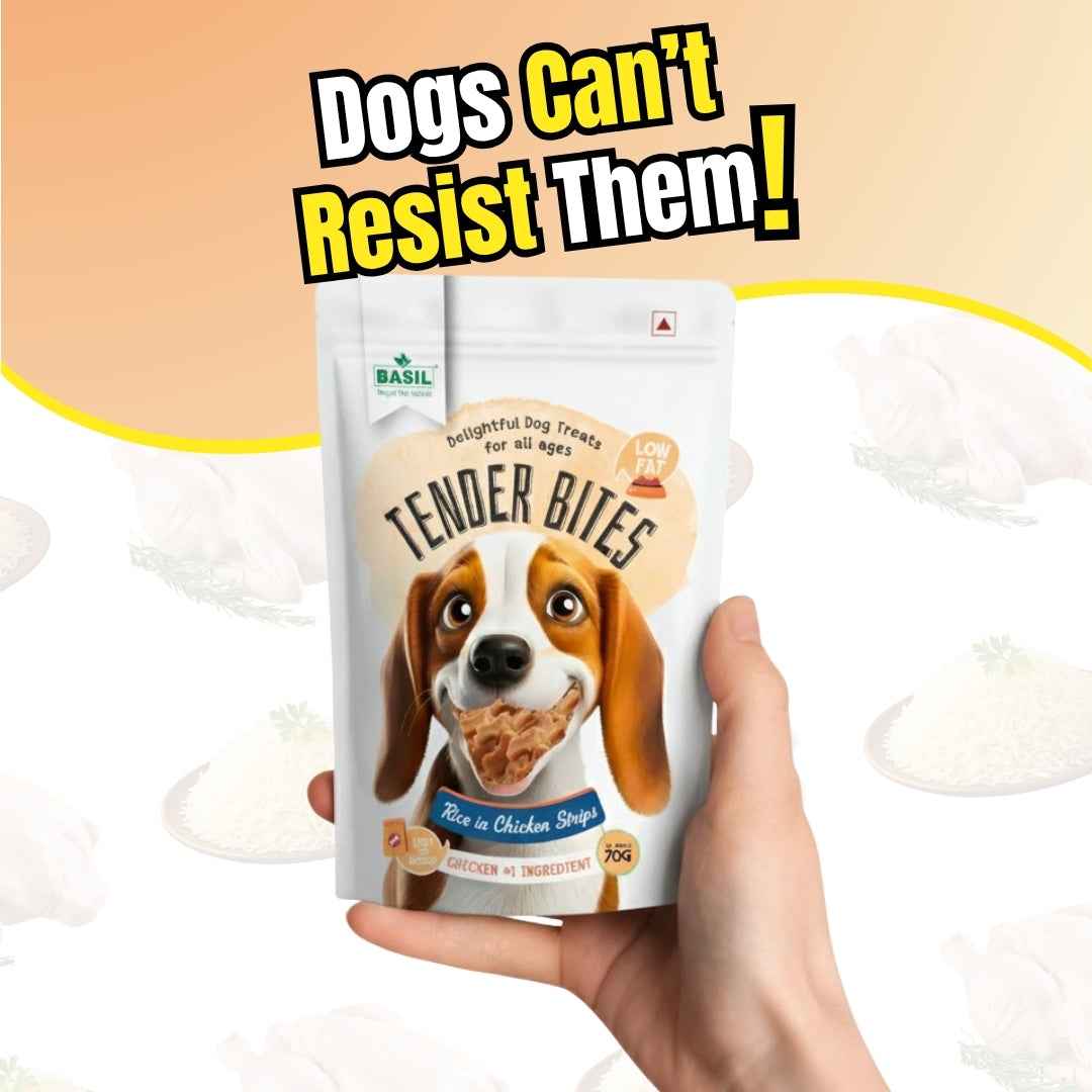 BASIL TENDER BITES Rice in Chicken Strips – Healthy & Soft Dog Treat | 70g Pack | High Protein, Gluten-Free, Training & Reward Snack for All Breeds
