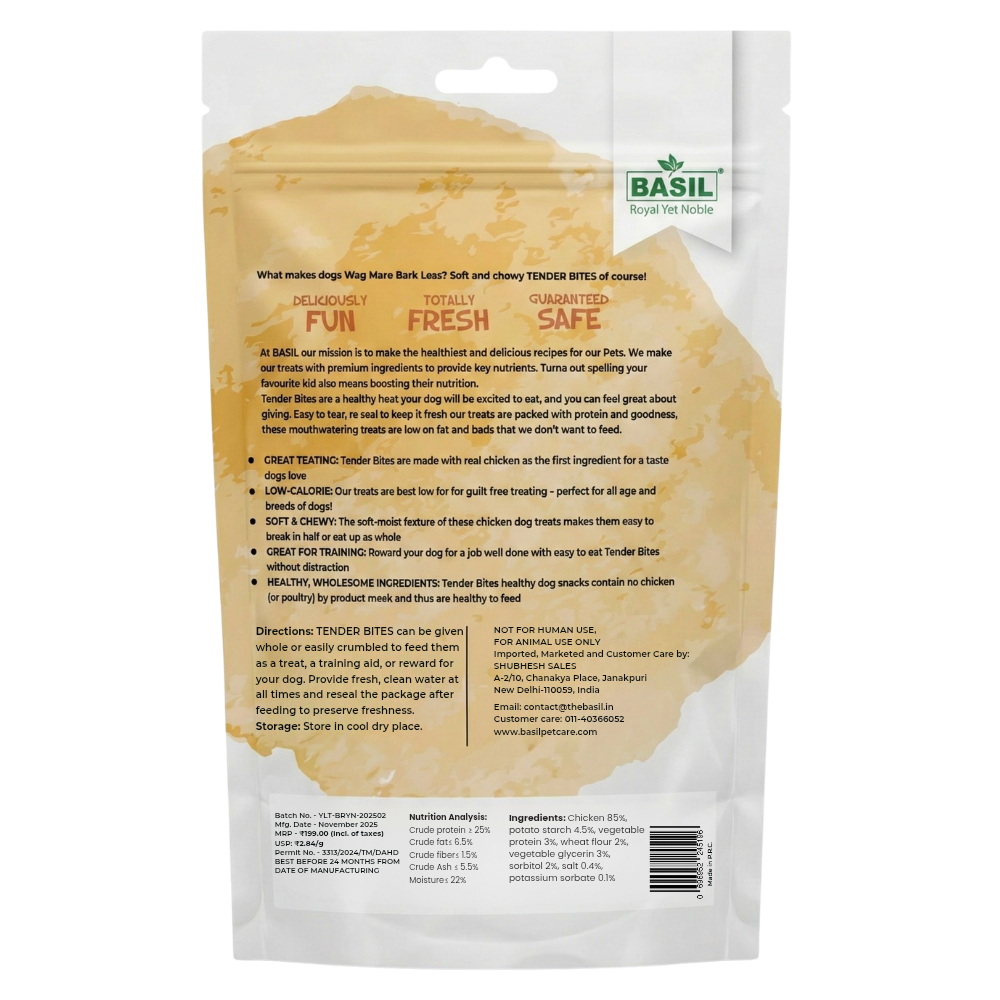 Tender Bites Basil Classic Chicken Slices for Dogs | Natural Soft Treats | High Protein